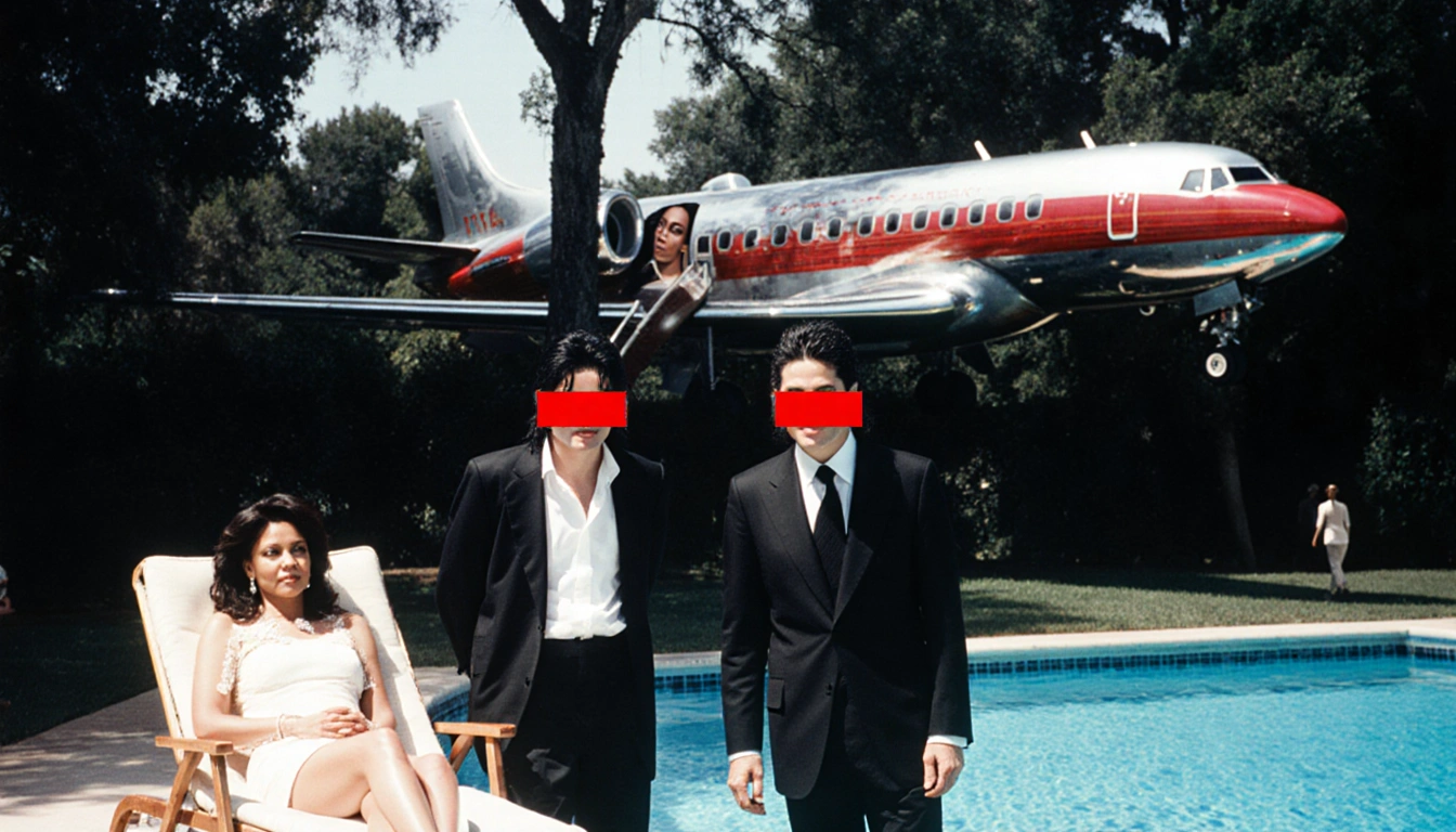 Bill Clinton standing beside Michael Jackson in a pool with Ghislaine Maxwell lounging and a private plane above.