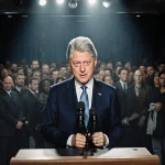 Bill Clinton standing at podium addressing reporters with microphone and tense atmosphere