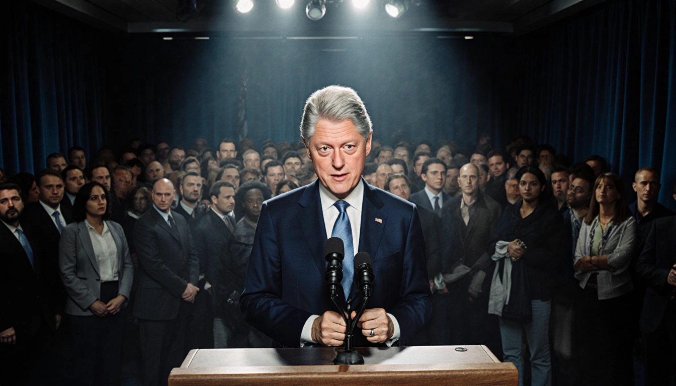 Bill Clinton standing at podium addressing reporters with microphone and tense atmosphere