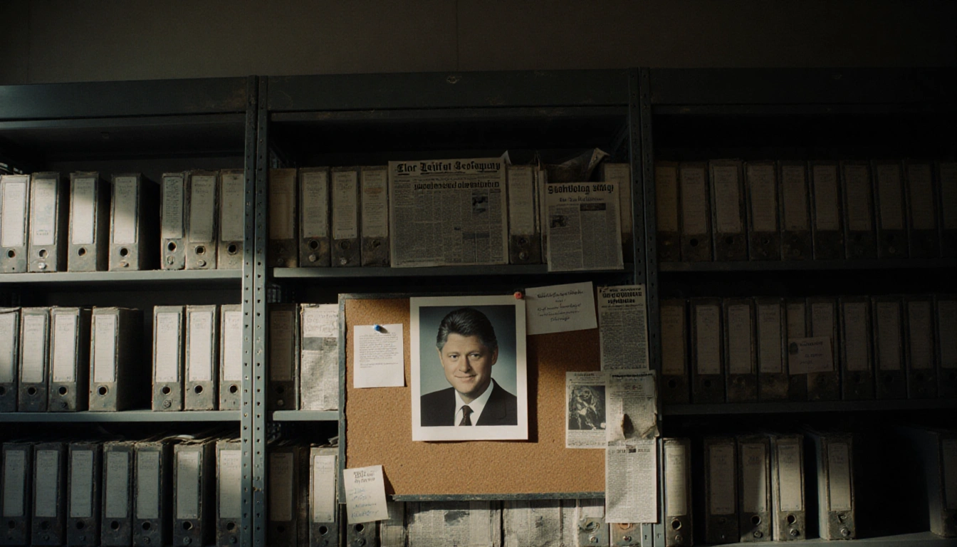 Bill Clinton photo pinned on corkboard with dusty shelves and cryptic notes and hidden archives