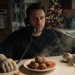 Bill Guerin cooking meatballs at kitchen counter with Christmas lights and ringing landline.
