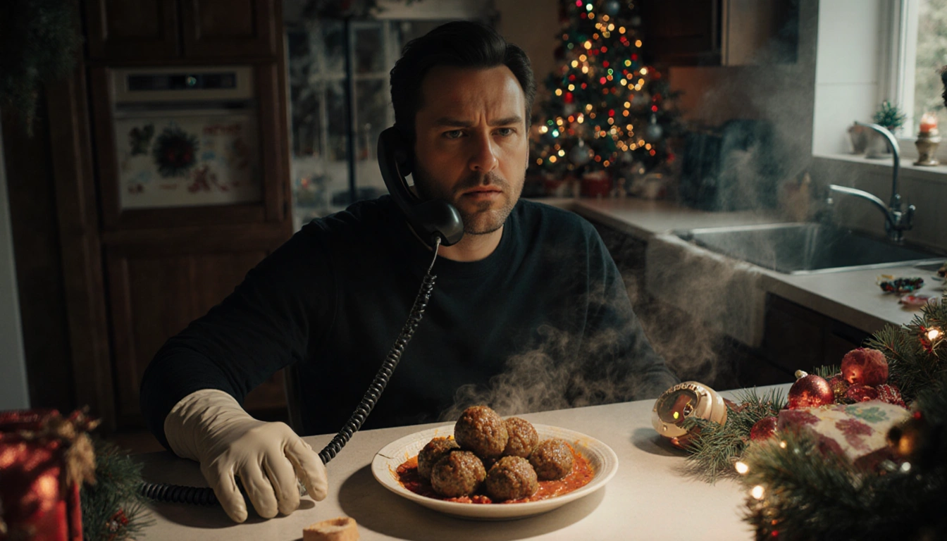 Bill Guerin cooking meatballs at kitchen counter with Christmas lights and ringing landline.