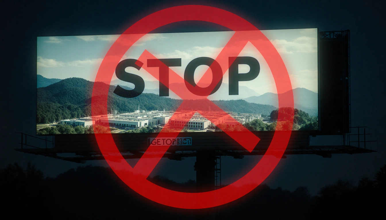 Billboard flashing stop sign over Georgia mountains with a faint data center marked by a red X
