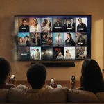 Friends laughing while binge‑watching on a plush sofa with a large TV showing HBO Max clips in a cozy living room