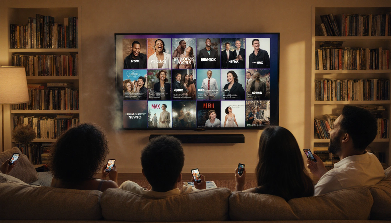 Friends laughing while binge‑watching on a plush sofa with a large TV showing HBO Max clips in a cozy living room