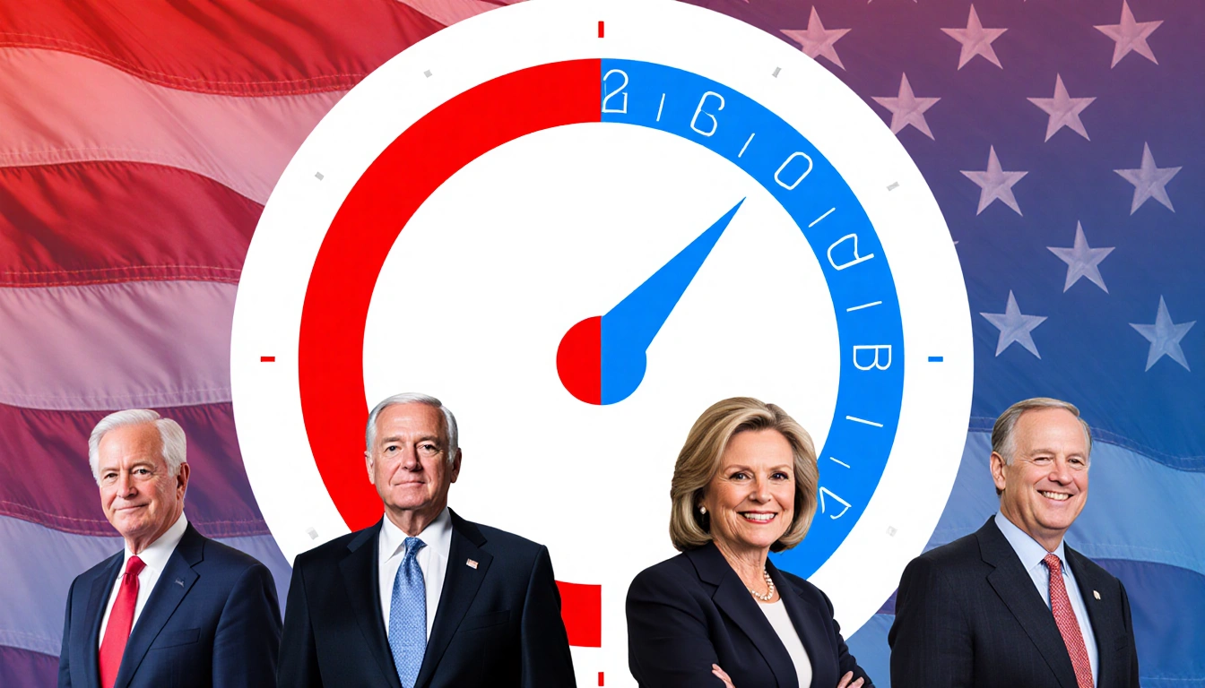 Politicians standing before clock face with red countdown timer and blue extension arrow backdrop, supporting ACA subsidies.