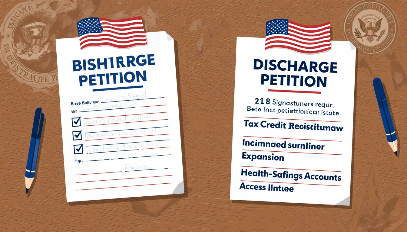 Illustration shows two competing discharge petitions on a table with key text highlighting 218 signatures and credits renewal