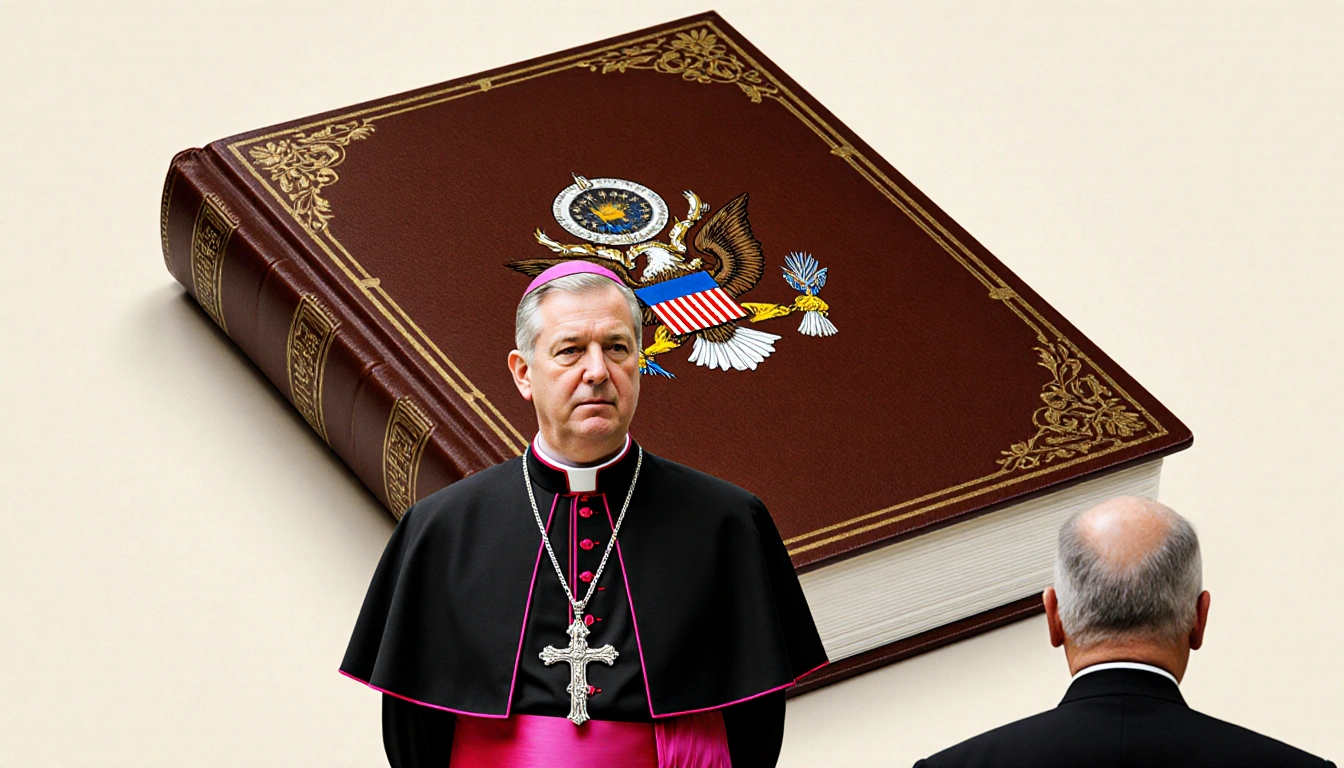 Bishop Ronald Hicks in front of a leather-bound book with US coat of arms and Cardinal Timothy Dolan watching with relief