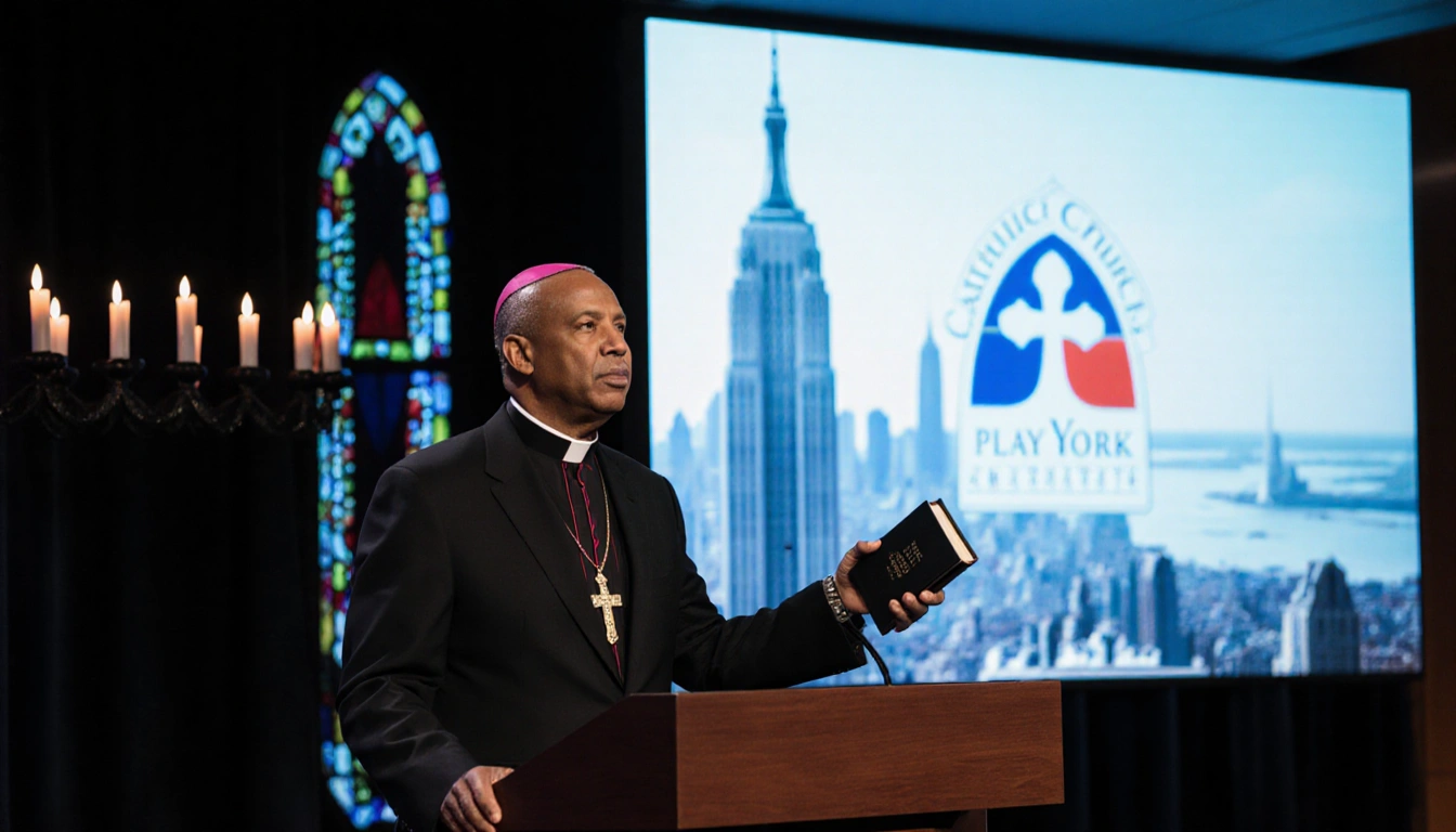 Bishop Ronald Hicks speaking at podium with Bible and pointing to screen showing Catholic child protection logo over blurred 