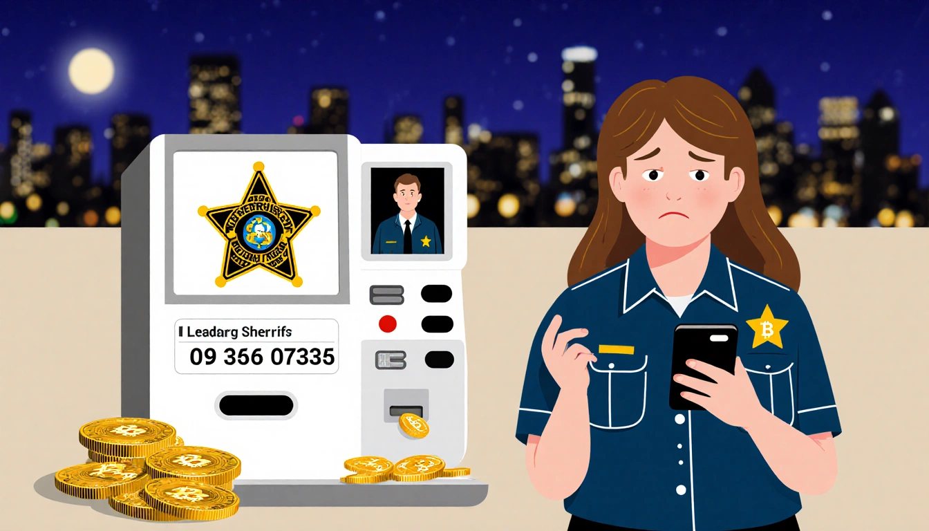 Leander resident holding phone with worried expression and seeing a fake sheriff badge near a bitcoin machine scam at night.