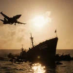 Black boat drifts underwater with debris while a jet flies overhead casting shadow across wreckage.