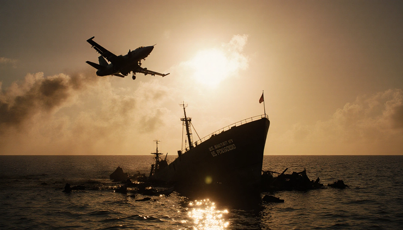 Black boat drifts underwater with debris while a jet flies overhead casting shadow across wreckage.