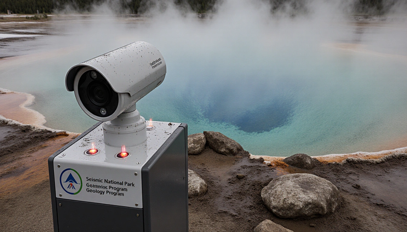Seismic station tracks Black Diamond Pool with camera near edge rocks and mud splattered around volcanic activity logo visibl