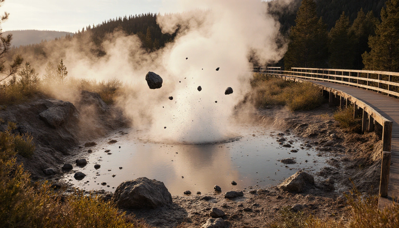 Yellowstone Black Diamond Pool erupts with steaming vents and flying rocks near a damaged boardwalk.