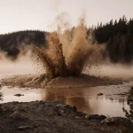 Mud erupts from Black Diamond Pool with golden splash at dawn mist and trees swaying nearby