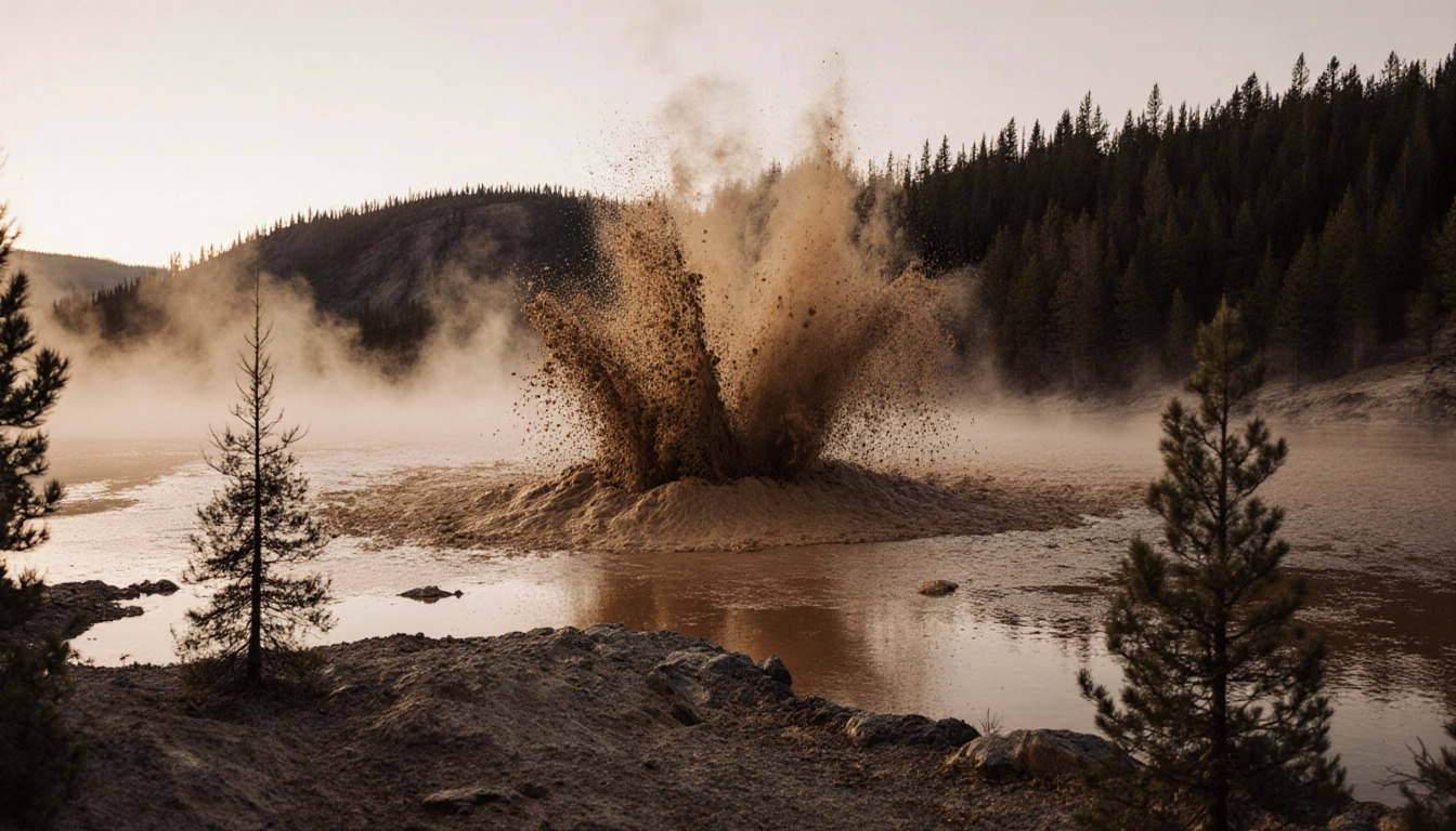 Mud erupts from Black Diamond Pool with golden splash at dawn mist and trees swaying nearby