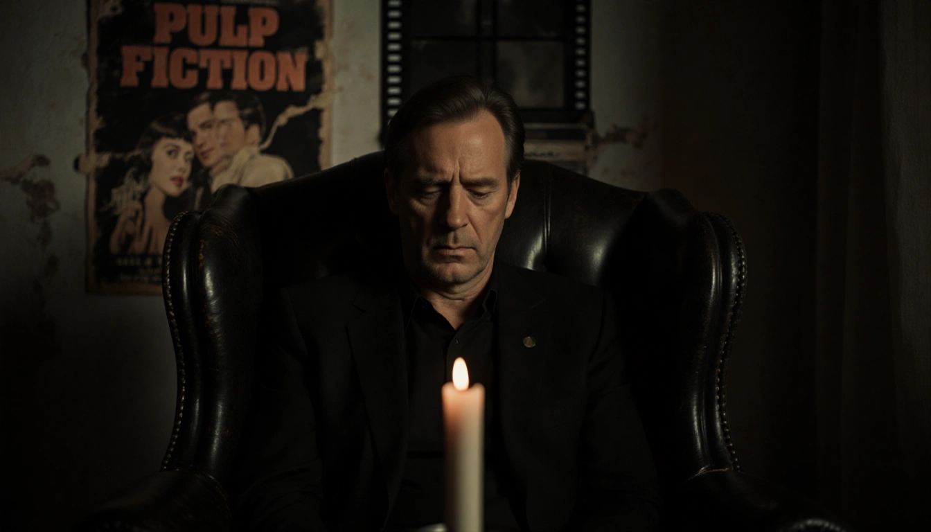 Peter Greene looking down with a flickering candle in a black leather armchair and a nostalgic film reel in the background