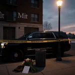 Black SUV parked beside police tape with streetlamp glow and a bouquet of flowers and a note on sidewalk.