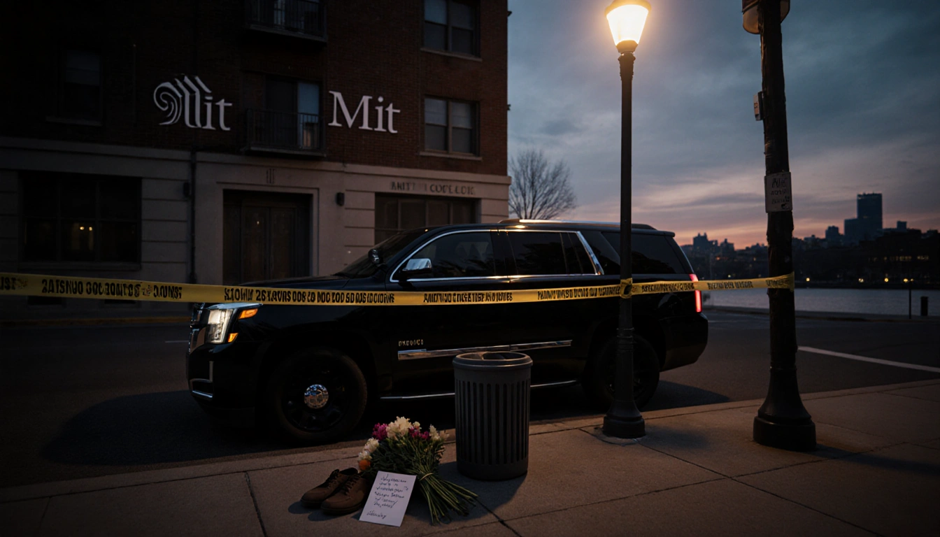 Black SUV parked beside police tape with streetlamp glow and a bouquet of flowers and a note on sidewalk.