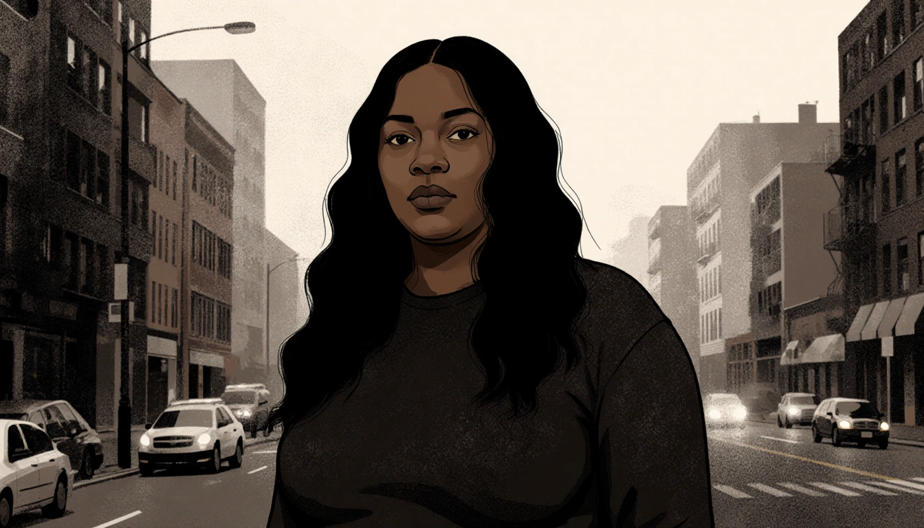 Black woman standing with long black hair in front of blurred urban background wearing dark outfit