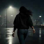 Black woman walking away from camera with luxury watches shining in moonlight and wet cityscape reflections