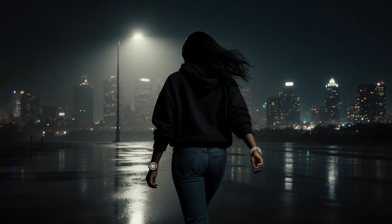 Black woman walking away from camera with luxury watches shining in moonlight and wet cityscape reflections