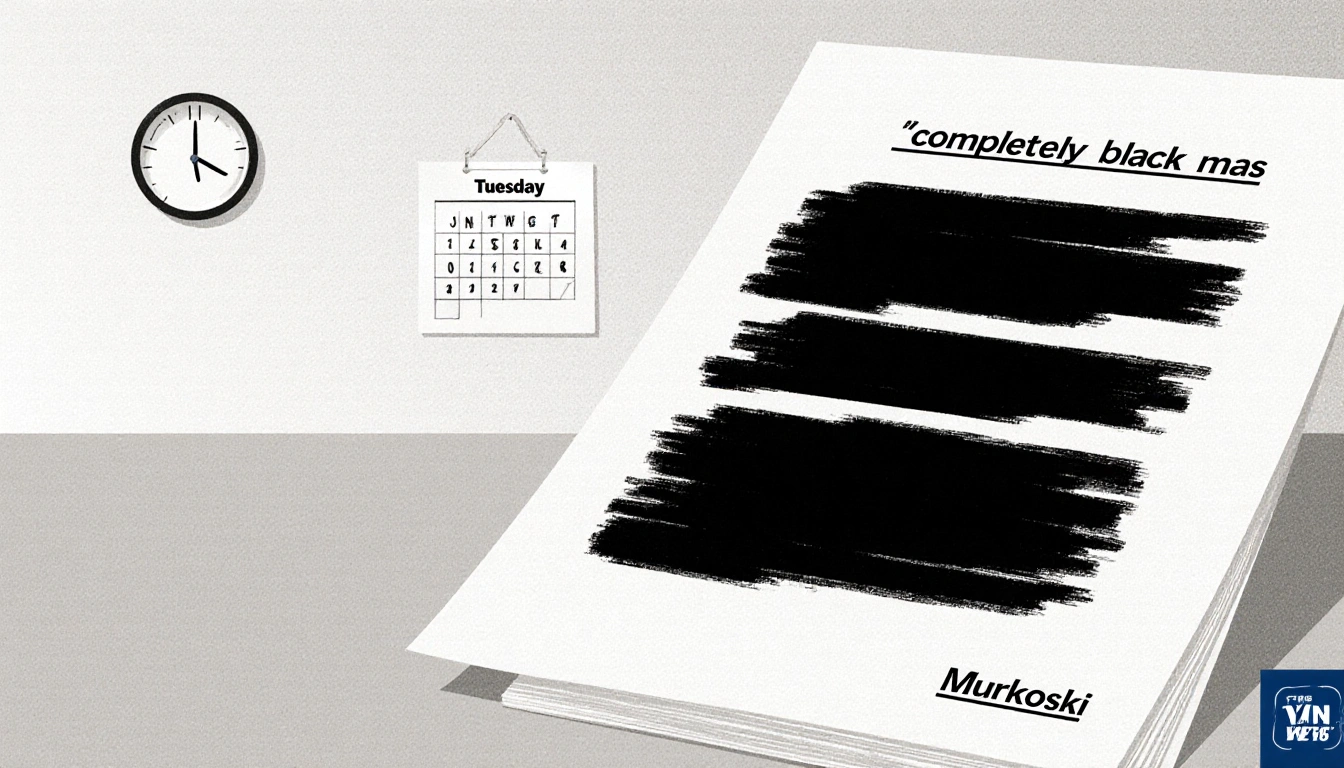 Document showing blacked-out pages with a calendar indicating Tuesday and a faint news logo.