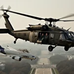 Army Black Hawk helicopter colliding with airliner midair with pilot alarmed over hazy Washington D.C. sky.