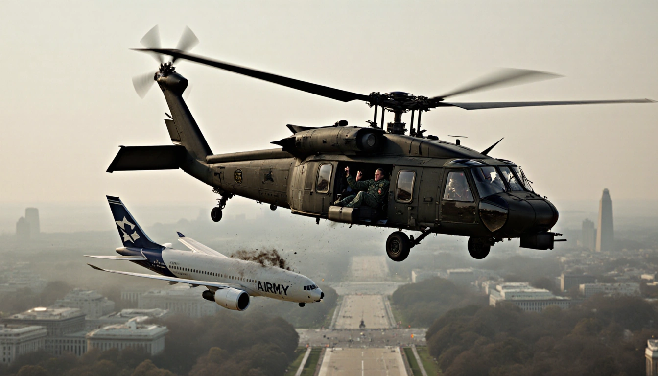 Army Black Hawk helicopter colliding with airliner midair with pilot alarmed over hazy Washington D.C. sky.
