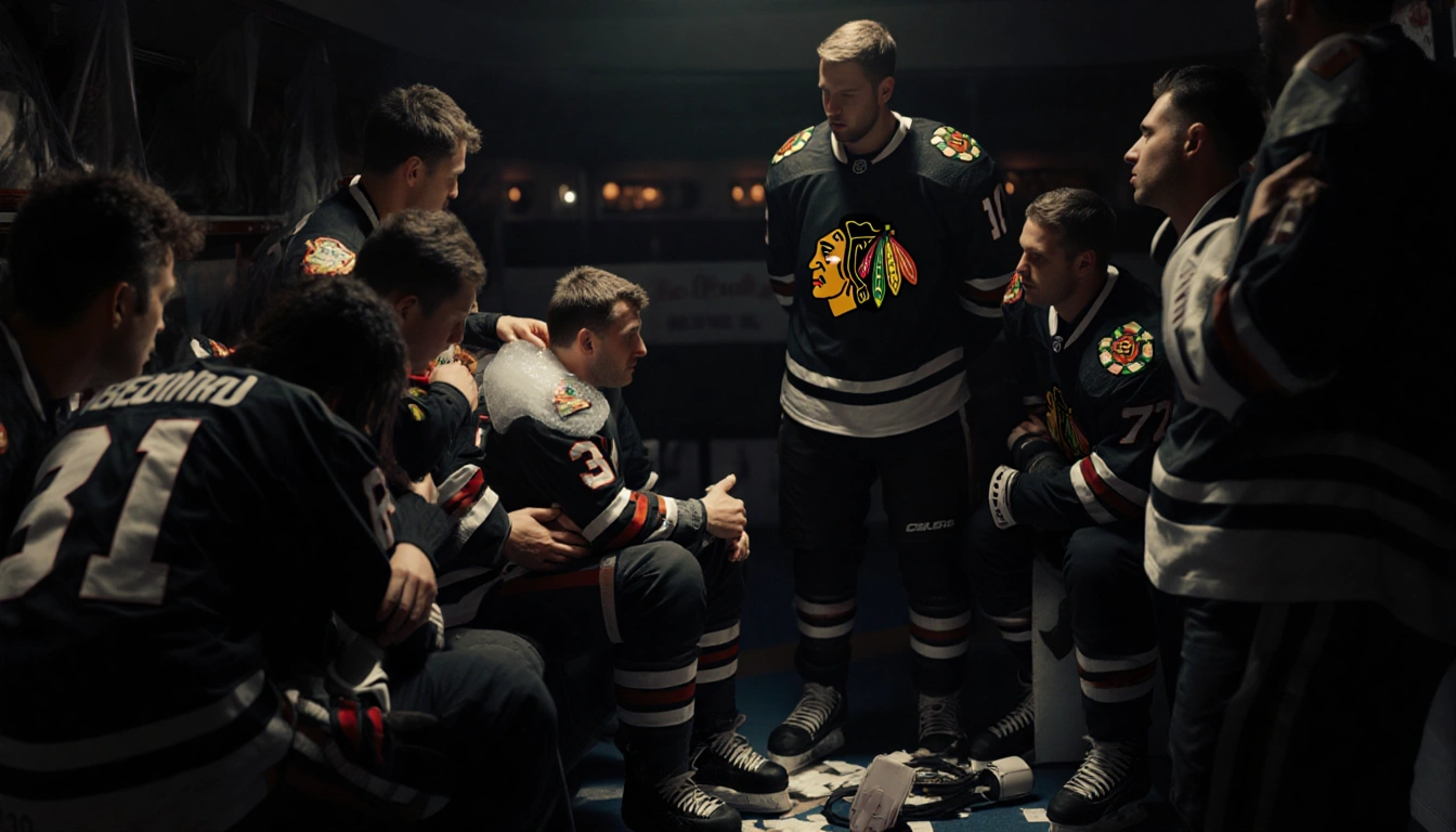 Blackhawks players huddle with captain embracing Connor Bedard who wears an ice pack during injury timeout