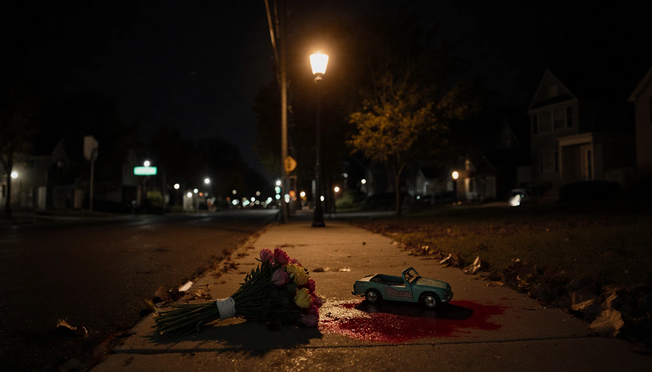Streetlamp illuminates bloodstain on sidewalk with abandoned bouquet of flowers nearby