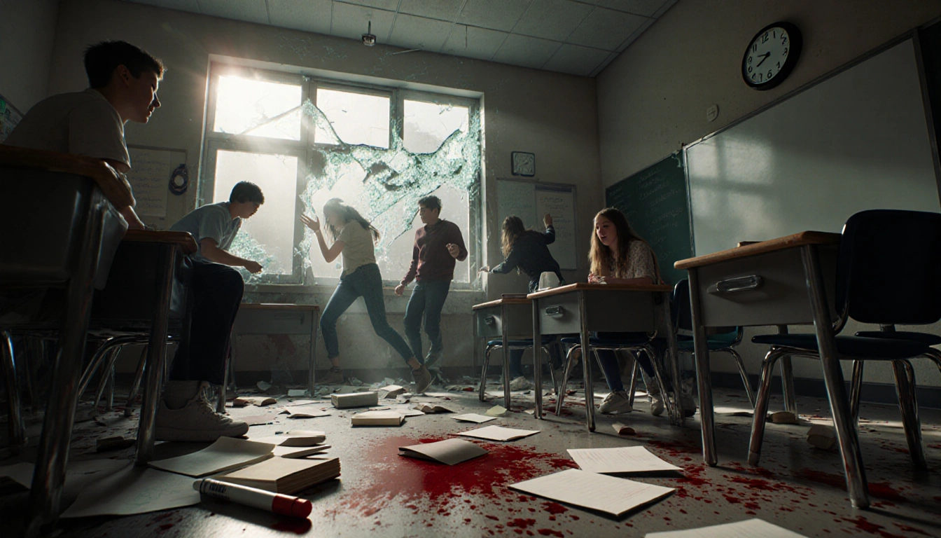 Students fleeing school shooting with shattered window letting sunlight onto bloodstained floor and a clock reading 4:03 p.m.