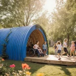 Bright blue play pod with sail entrance and reclaimed wood surrounded by children playing together in lush greenery