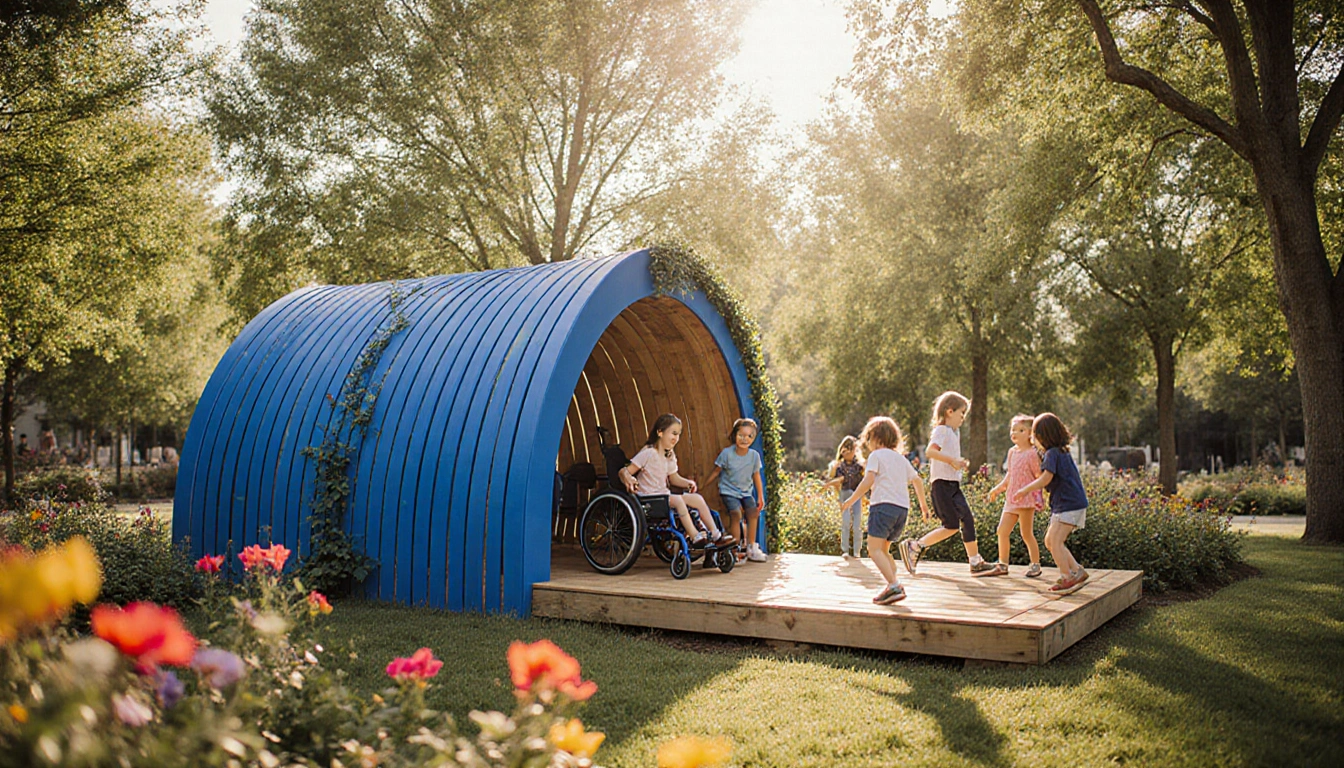 Bright blue play pod with sail entrance and reclaimed wood surrounded by children playing together in lush greenery