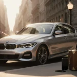 BMW 3 Series parked on sunlit street with silver finish reflecting lamppost light and used luxury car accessories beside it