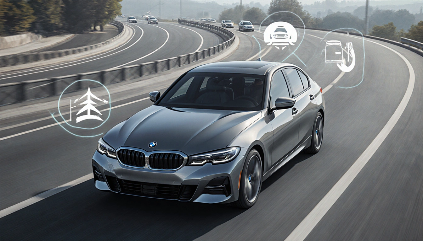 BMW 3 Series speeding down a sleek road with adaptive cruise control and lane-keeping icons