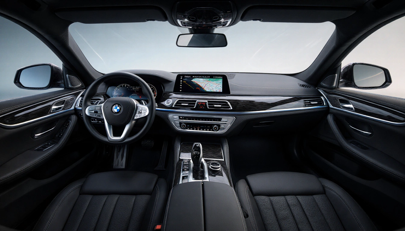 BMW 760i cabin with curved dashboard and 31-inch theater screen plush massage seats HUD gesture controls ambient light
