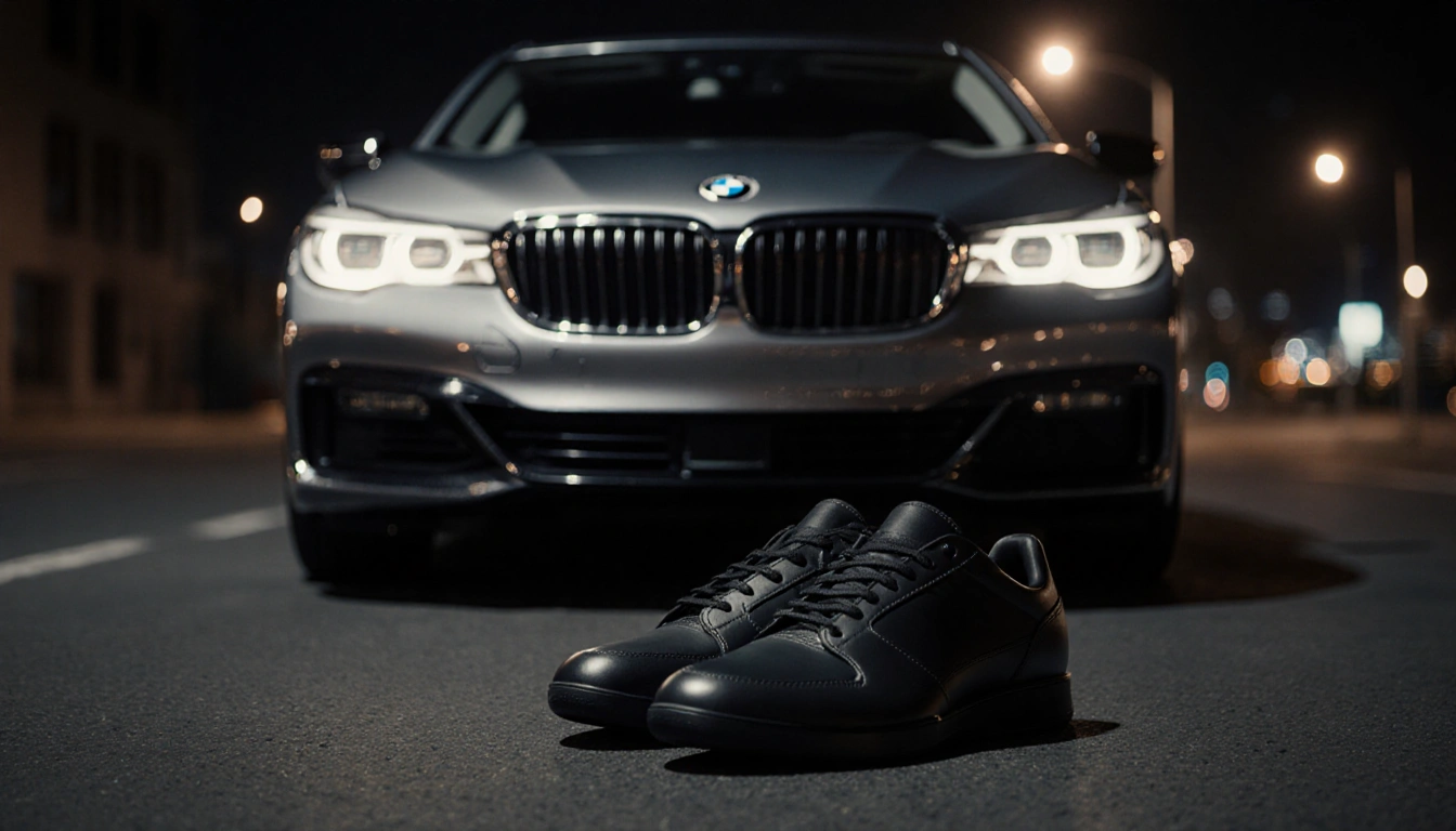 BMW 760i glows on asphalt with LED headlights and silver finish reflecting city lights