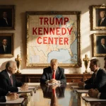 Board members scrutinize a large ornate Washington D.C. map with polished table and gold awards during renaming decision