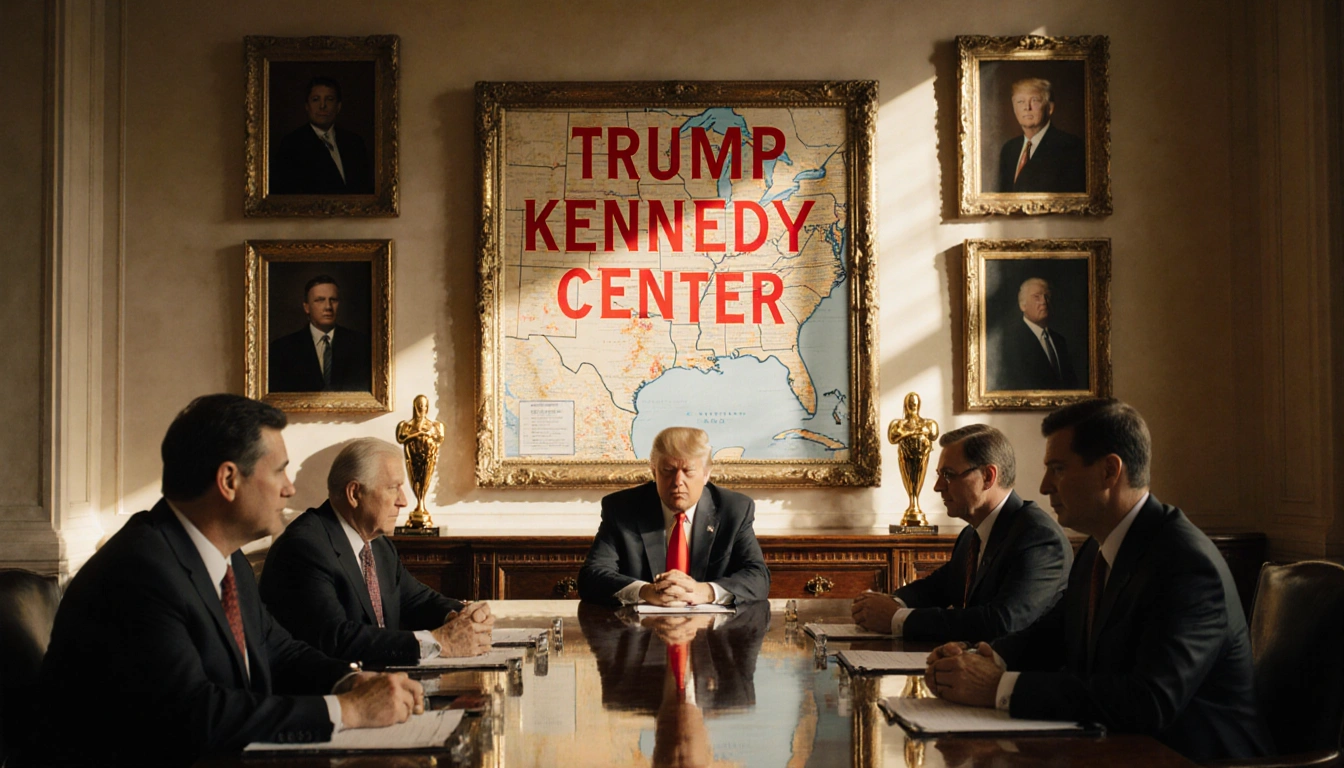 Board members scrutinize a large ornate Washington D.C. map with polished table and gold awards during renaming decision
