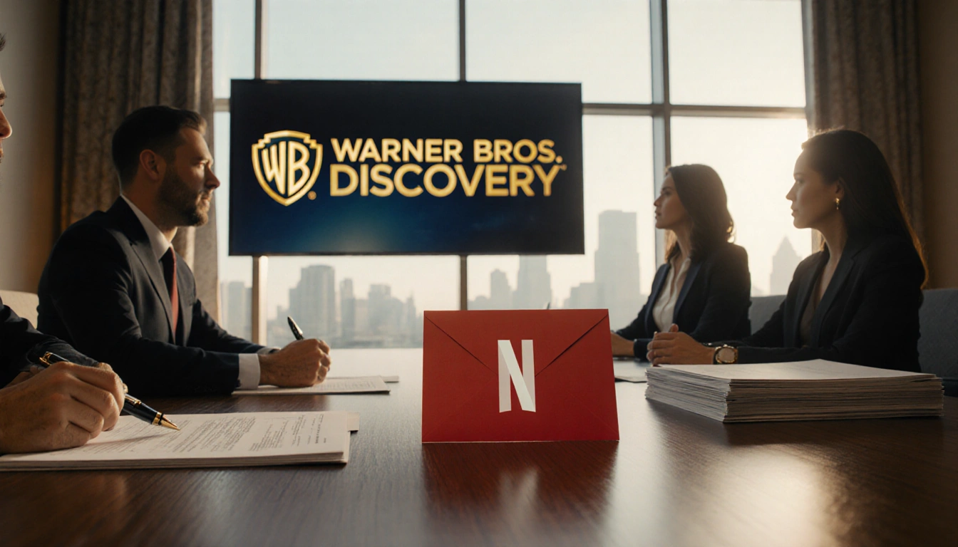 Red envelope resting next to a pen with Netflix logo and cityscape view in a luxurious boardroom