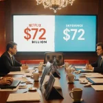 Two executives negotiating at a cluttered boardroom table with a screen comparing Netflix and Paramount bids