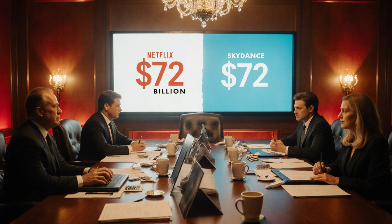Two executives negotiating at a cluttered boardroom table with a screen comparing Netflix and Paramount bids