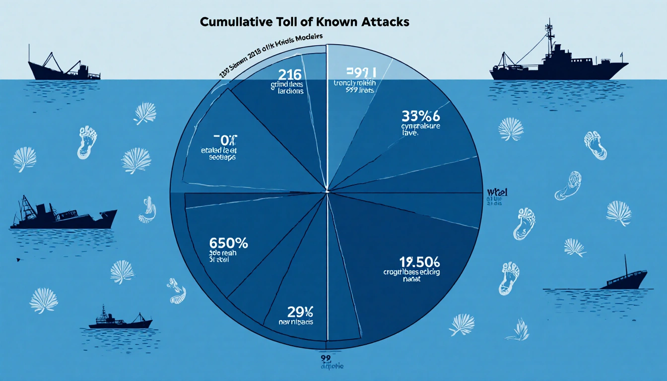 Graph illustrating boat attacks with circular statistics and blue background showing casualties and shipwreck outlines