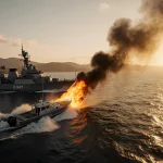 Flaming boat crashes into waves with sunset glow and smoke rising while a navy ship looms near in the foreground