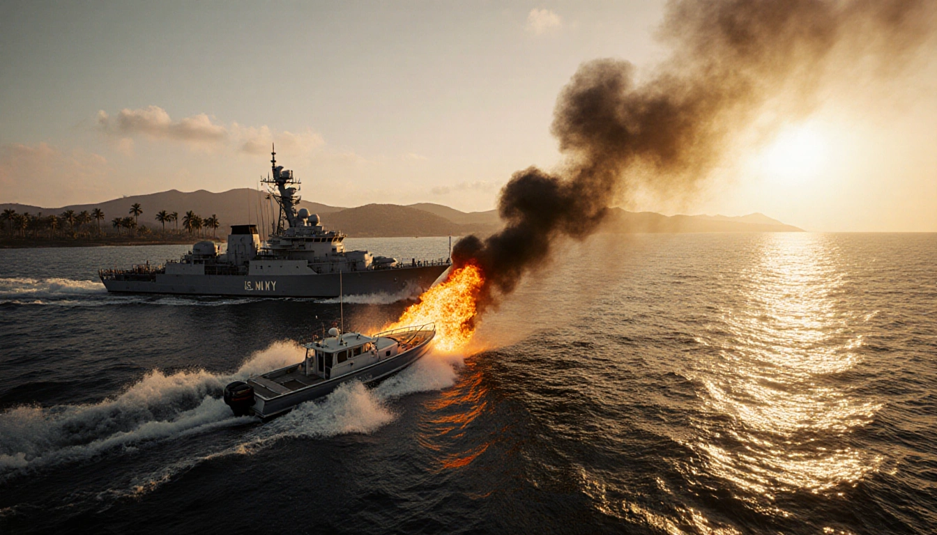 Flaming boat crashes into waves with sunset glow and smoke rising while a navy ship looms near in the foreground
