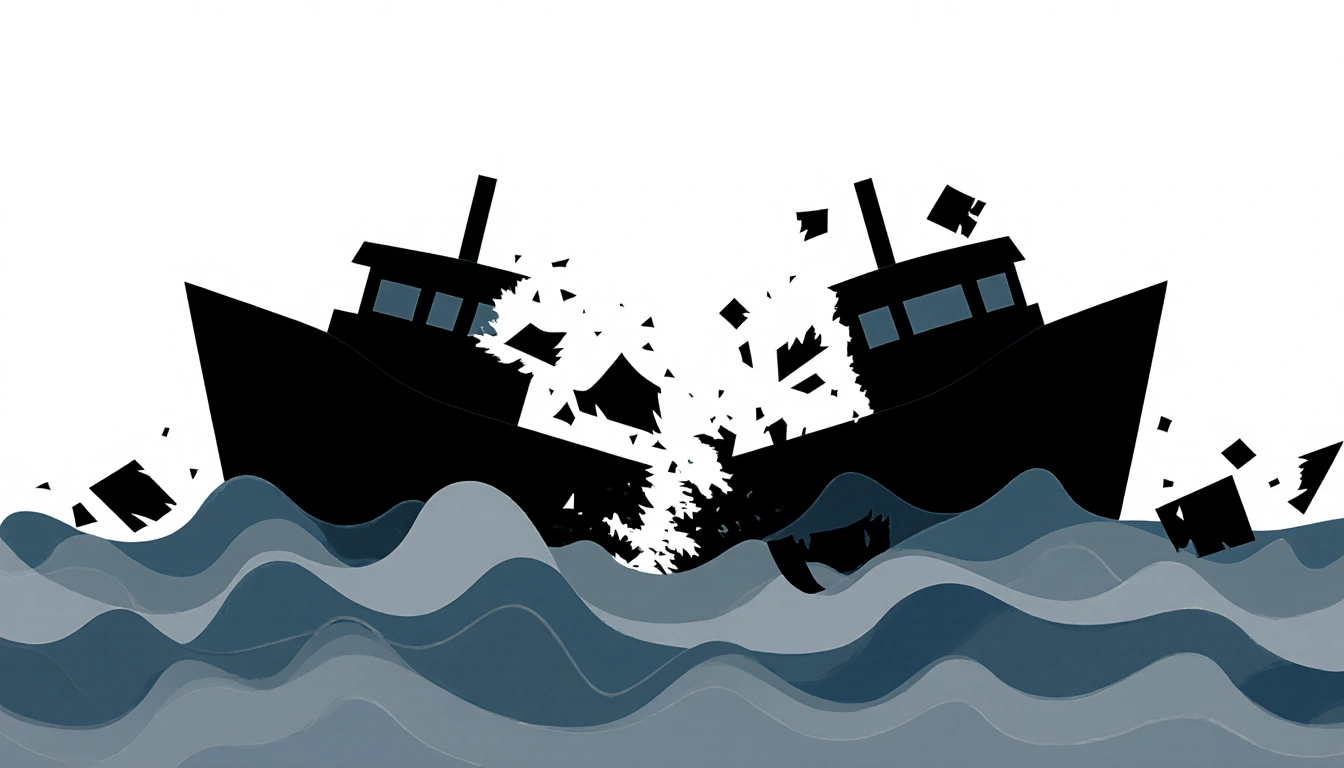Two abstract vessels fragmenting with muted blue waves and scattered wreckage from boat strikes.