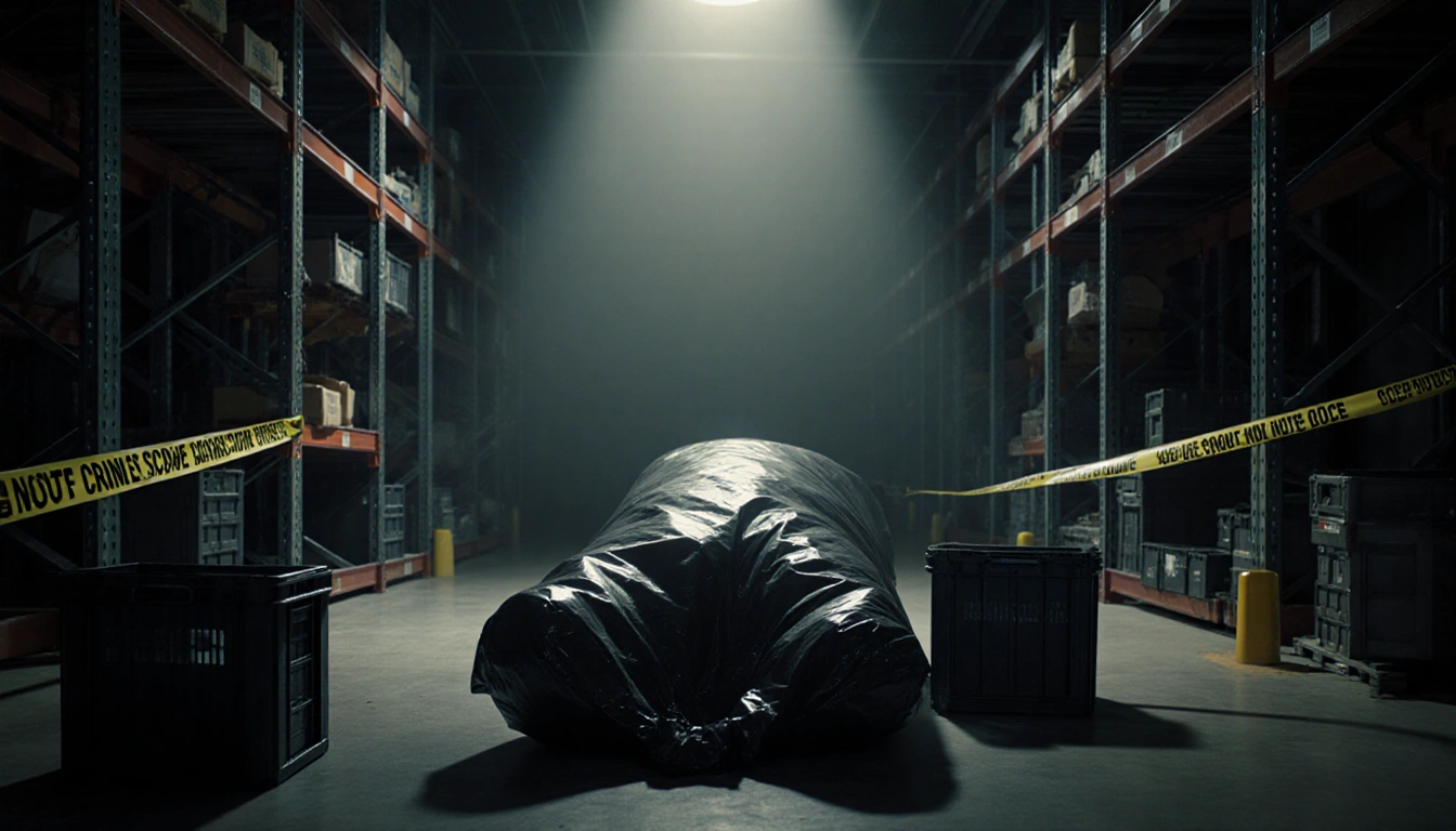 Body bag wrapping a deceased figure with a dim searchlight beam and police tape in a storage room.