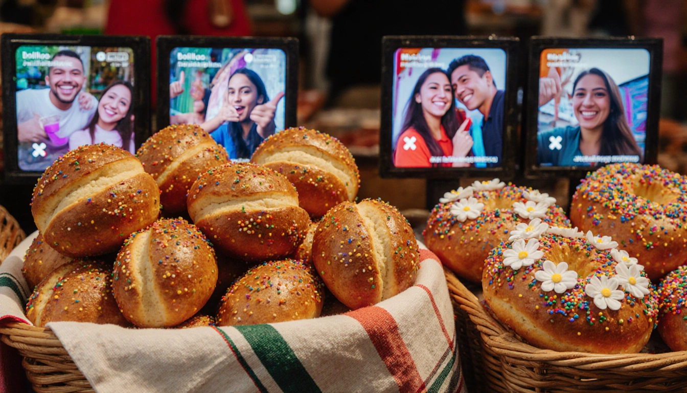 Bolillos and conchas arranged on woven basket with flowers while screens play TikTok videos of people sharing street food