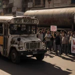 Protesters holding signs block traffic with a sputtering bus and a parked fuel tanker under warm sunlight